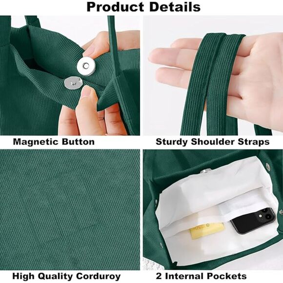 Women Green Imported Corduroy Small Canvas Shoulder Handy Tote Bag - Picture 4 of 4